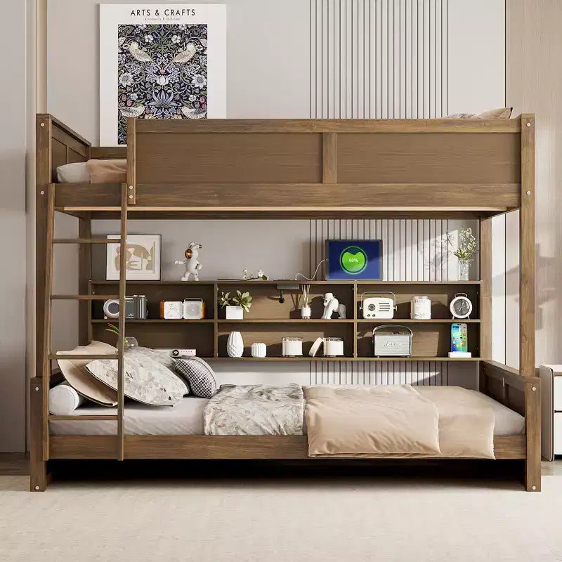 Lit superposé Twin XL/Full XL sur Queen avec armoires de rangement et ports USB, construction robuste en bois de pin