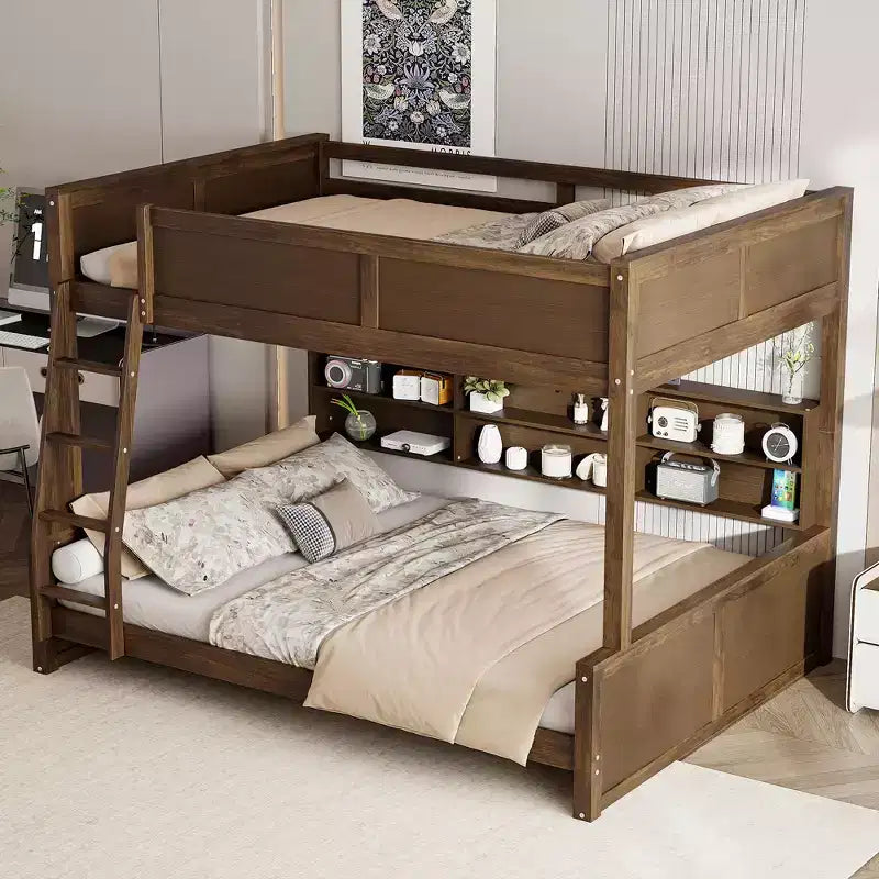 Lit superposé Twin XL/Full XL sur Queen avec armoires de rangement et ports USB, construction robuste en bois de pin