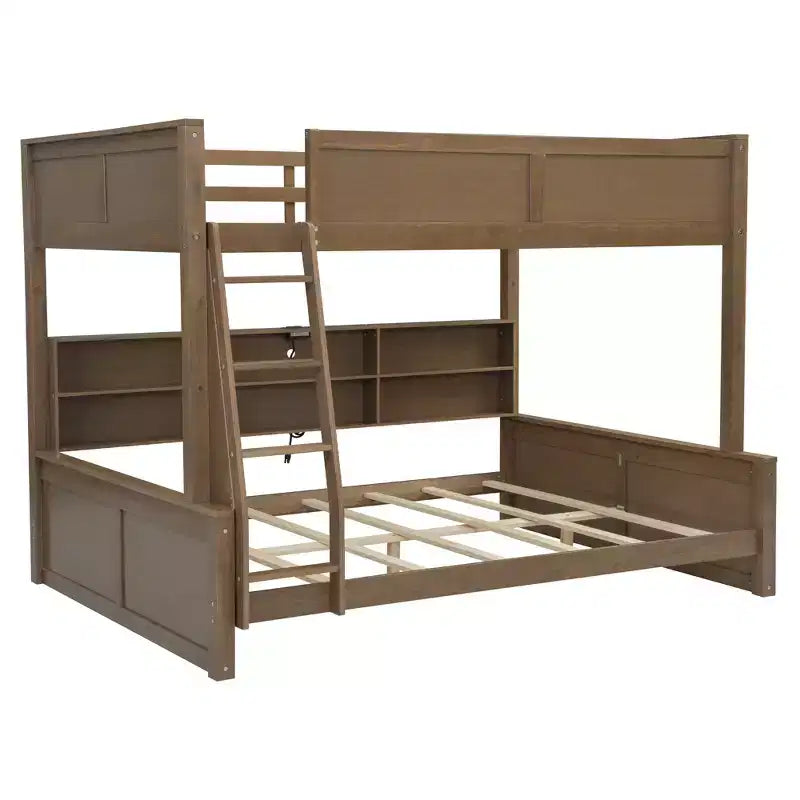 Lit superposé Twin XL/Full XL sur Queen avec armoires de rangement et ports USB, construction robuste en bois de pin