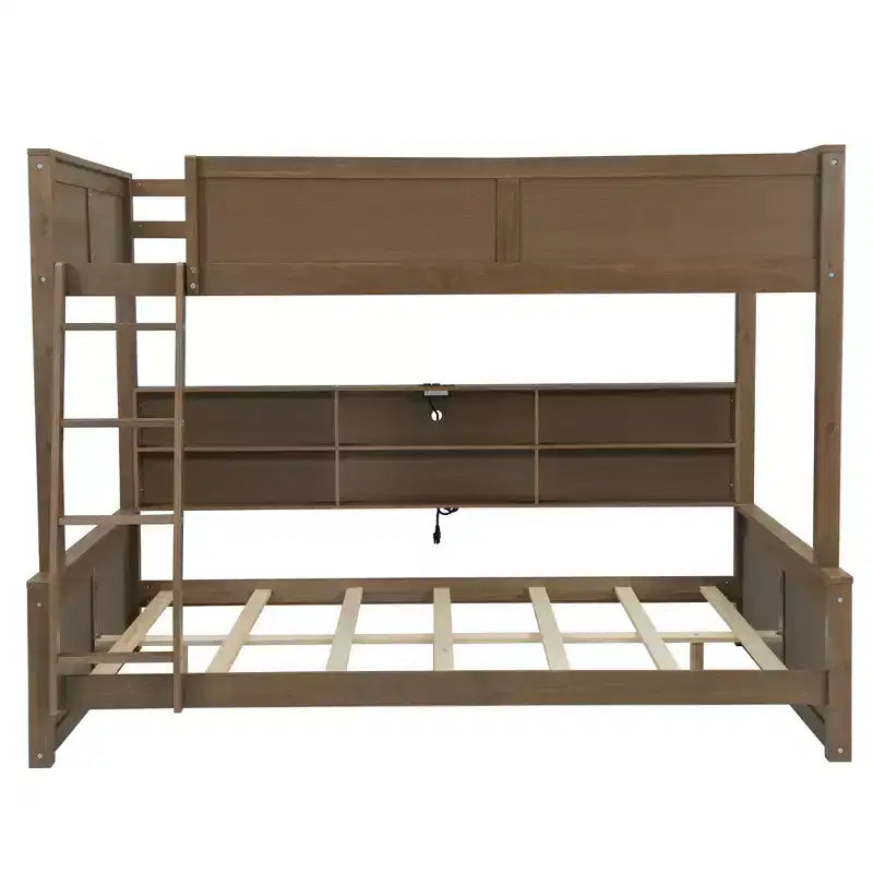 Lit superposé Twin XL/Full XL sur Queen avec armoires de rangement et ports USB, construction robuste en bois de pin