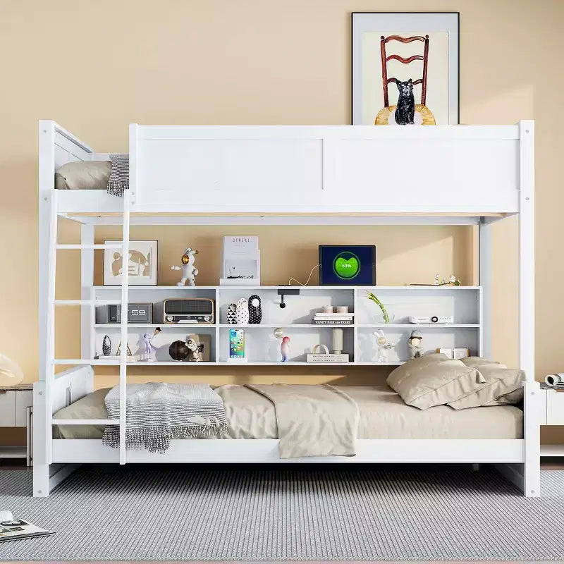 Lit superposé Twin XL/Full XL sur Queen avec armoires de rangement et ports USB, construction robuste en bois de pin