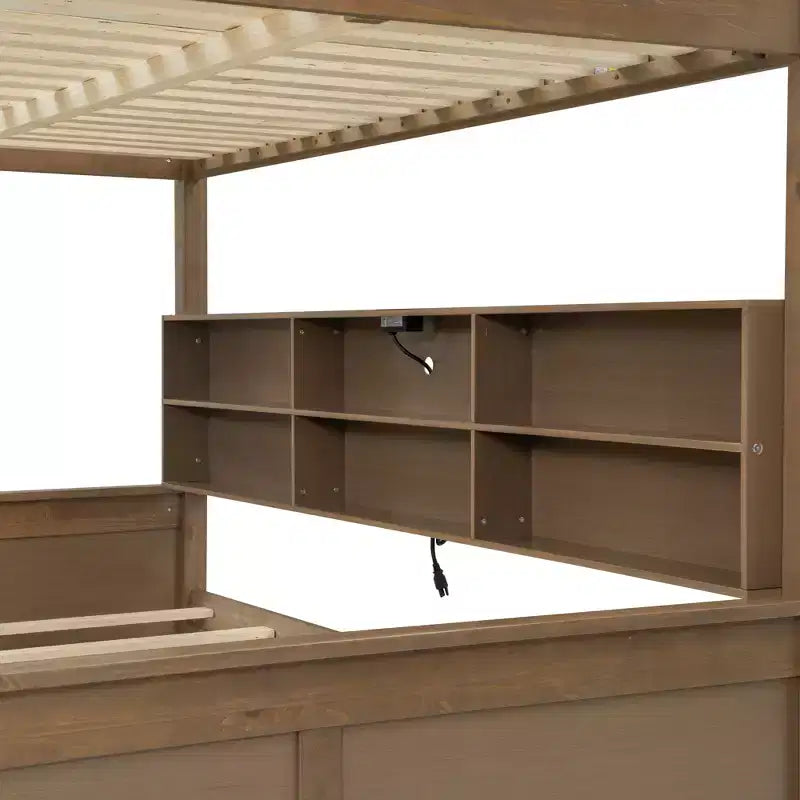 Lit superposé Twin XL/Full XL sur Queen avec armoires de rangement et ports USB, construction robuste en bois de pin