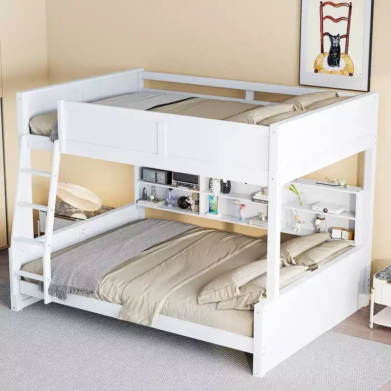 Lit superposé Twin XL/Full XL sur Queen avec armoires de rangement et ports USB, construction robuste en bois de pin