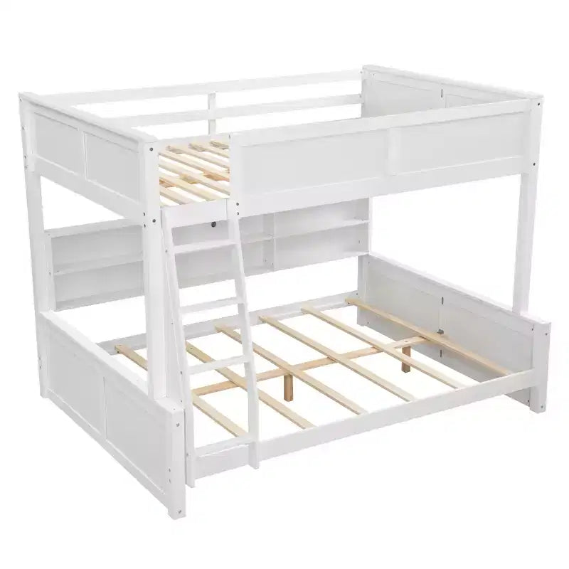 Lit superposé Twin XL/Full XL sur Queen avec armoires de rangement et ports USB, construction robuste en bois de pin