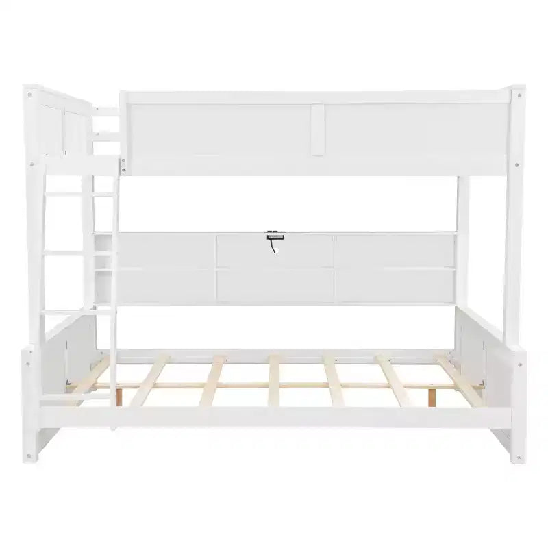 Lit superposé Twin XL/Full XL sur Queen avec armoires de rangement et ports USB, construction robuste en bois de pin