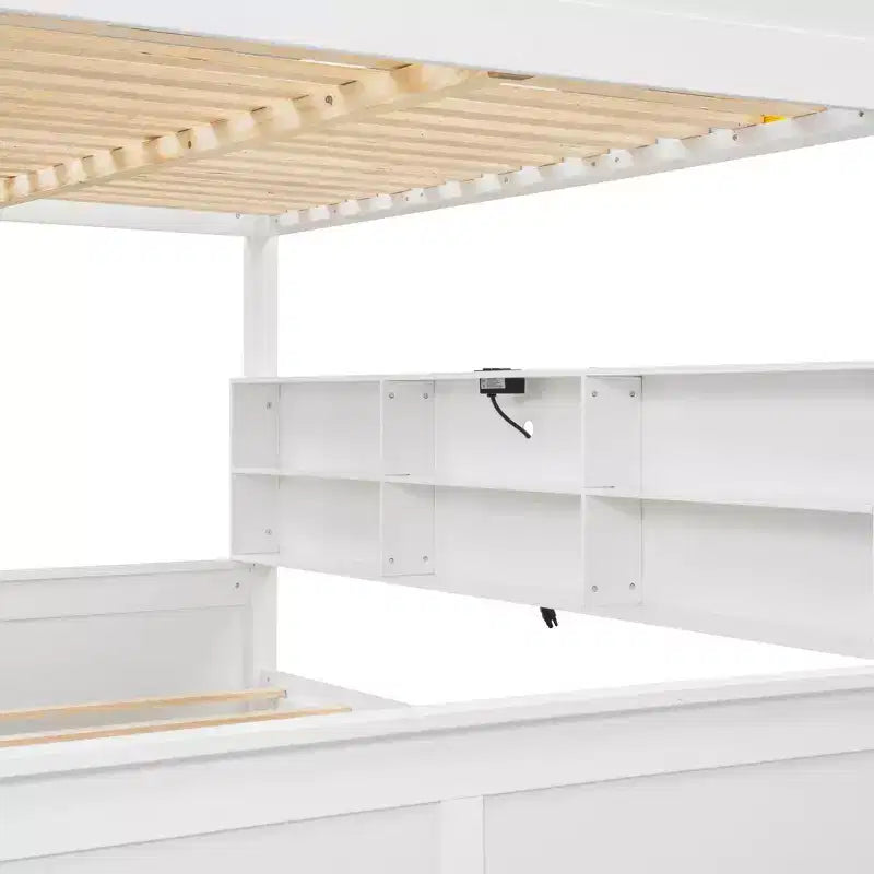 Lit superposé Twin XL/Full XL sur Queen avec armoires de rangement et ports USB, construction robuste en bois de pin