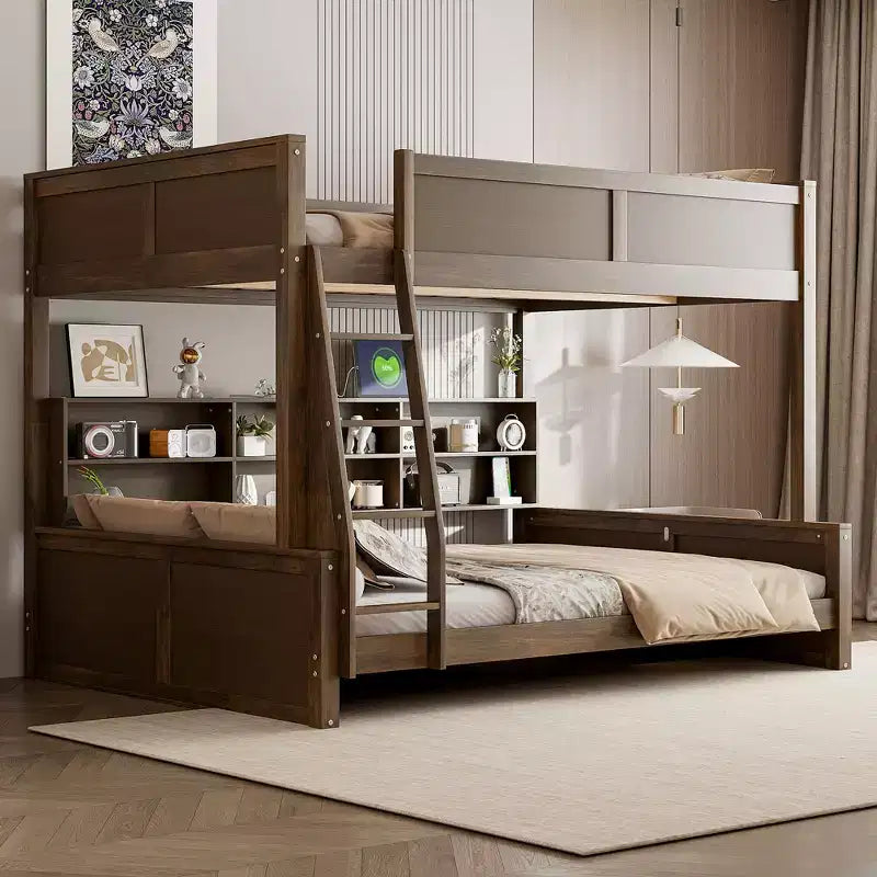 Lit superposé Twin XL/Full XL sur Queen avec armoires de rangement et ports USB, construction robuste en bois de pin
