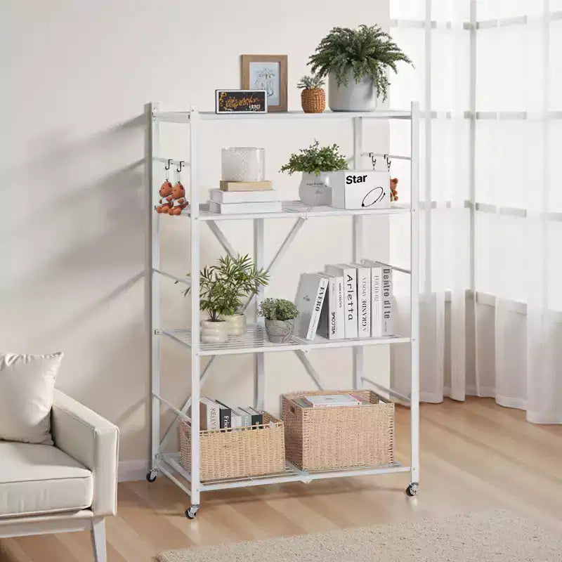 Étagère de rangement pliable à 4 niveaux, étagère métallique pliante de 91 x 53 x 152 cm (36 x 21 x 60 po), aucune unité d'étagères d'organisateur d'assemblage avec 5 roulettes et 4 crochets, blanche