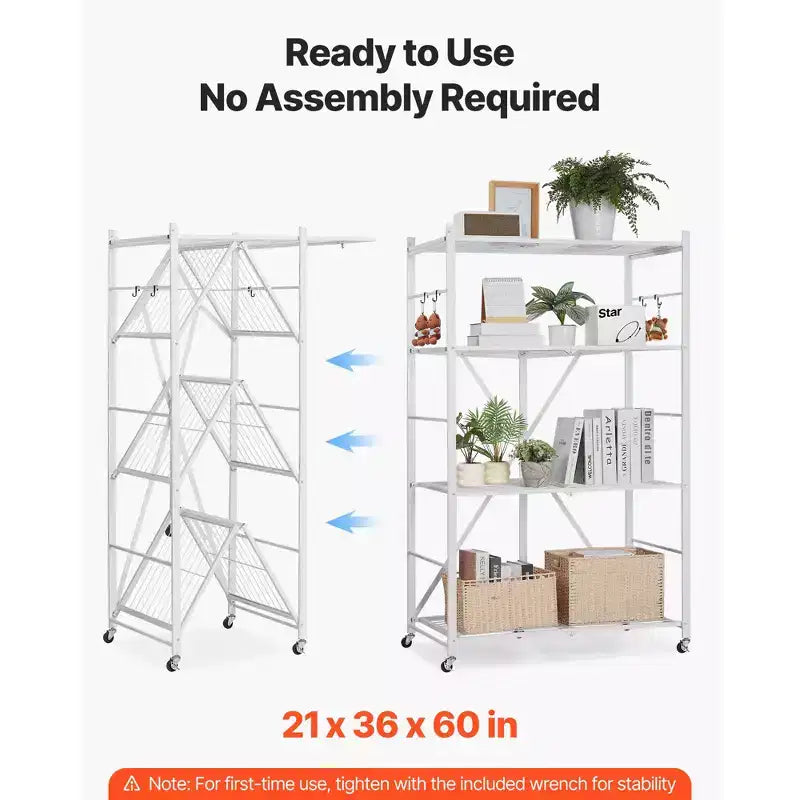 Étagère de rangement pliable à 4 niveaux, étagère métallique pliante de 91 x 53 x 152 cm (36 x 21 x 60 po), aucune unité d'étagères d'organisateur d'assemblage avec 5 roulettes et 4 crochets, blanche