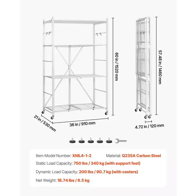 Étagère de rangement pliable à 4 niveaux, étagère métallique pliante de 91 x 53 x 152 cm (36 x 21 x 60 po), aucune unité d'étagères d'organisateur d'assemblage avec 5 roulettes et 4 crochets, blanche