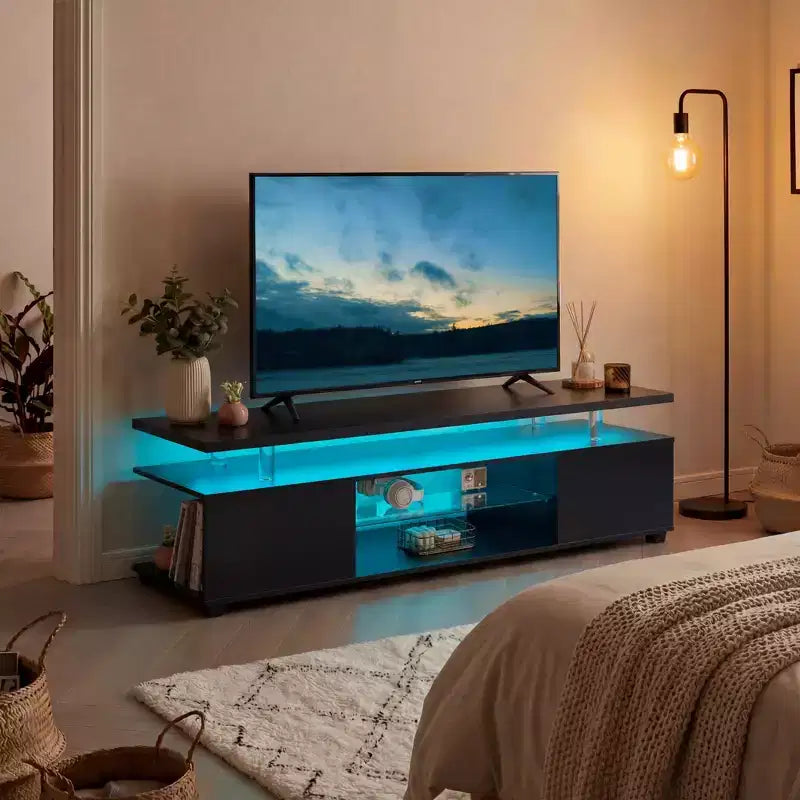 Meuble TV pour Téléviseur de 60 Pouces, Meuble TV LED Console de Rangement Multimédia avec Grand Placard Latéral pour Salon (Noir)