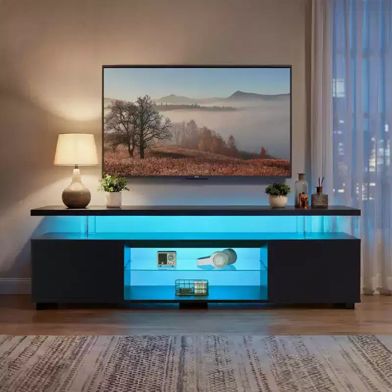 Meuble TV pour Téléviseur de 60 Pouces, Meuble TV LED Console de Rangement Multimédia avec Grand Placard Latéral pour Salon (Noir)