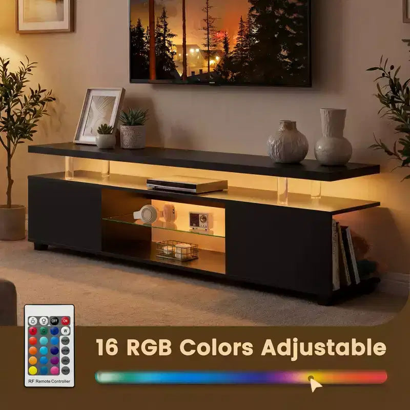 Meuble TV pour Téléviseur de 60 Pouces, Meuble TV LED Console de Rangement Multimédia avec Grand Placard Latéral pour Salon (Noir)