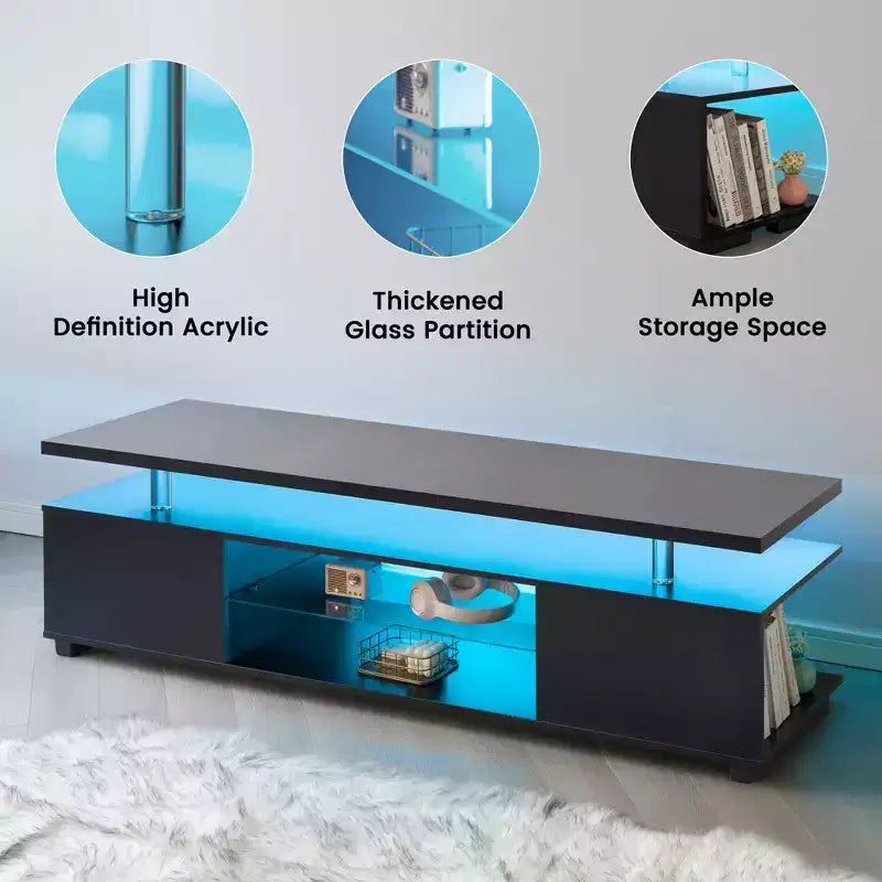 Meuble TV pour Téléviseur de 60 Pouces, Meuble TV LED Console de Rangement Multimédia avec Grand Placard Latéral pour Salon (Noir)
