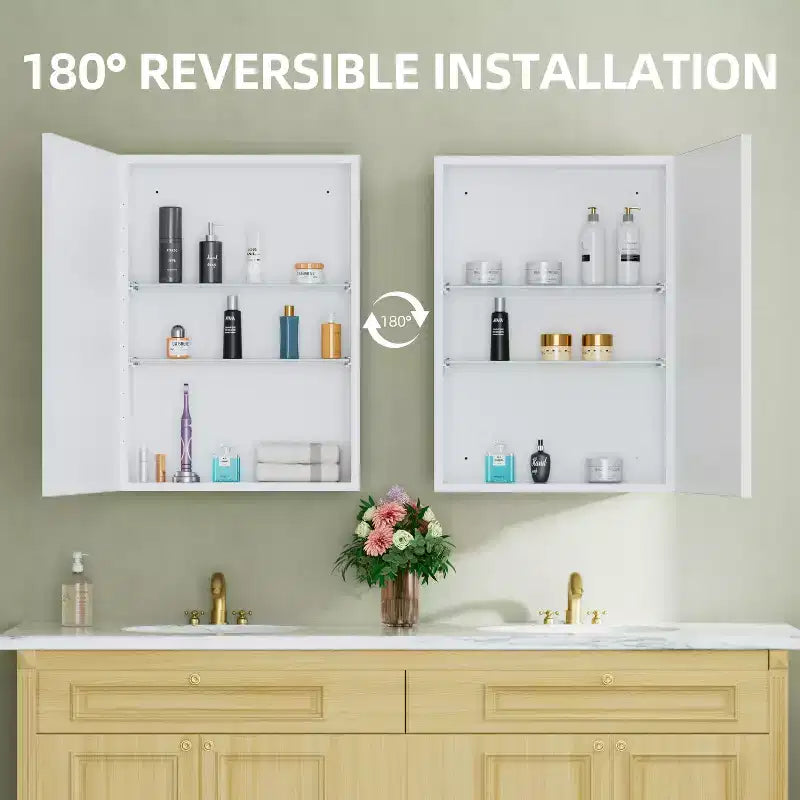 Armoire à pharmacie avec miroir, armoire de salle de bain murale ou encastrée, étagères réglables en verre trempé, réversible