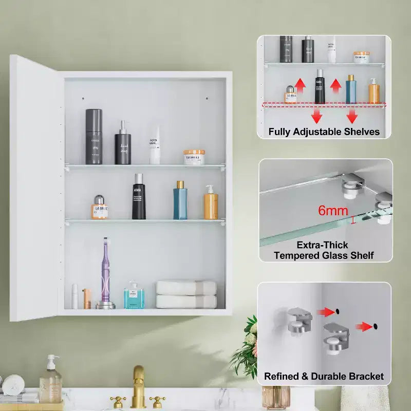 Armoire à pharmacie avec miroir, armoire de salle de bain murale ou encastrée, étagères réglables en verre trempé, réversible
