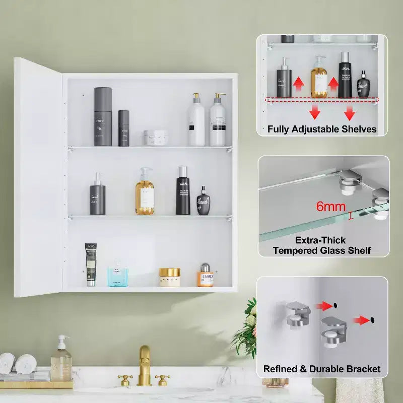 Armoire à pharmacie avec miroir, armoire de salle de bain murale ou encastrée, étagères réglables en verre trempé, réversible