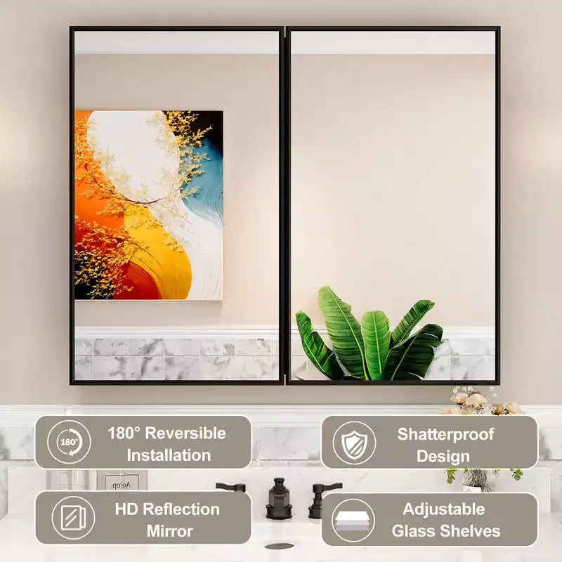 Armoire à pharmacie avec miroir, armoire de salle de bain murale ou encastrée, étagères réglables en verre trempé, réversible