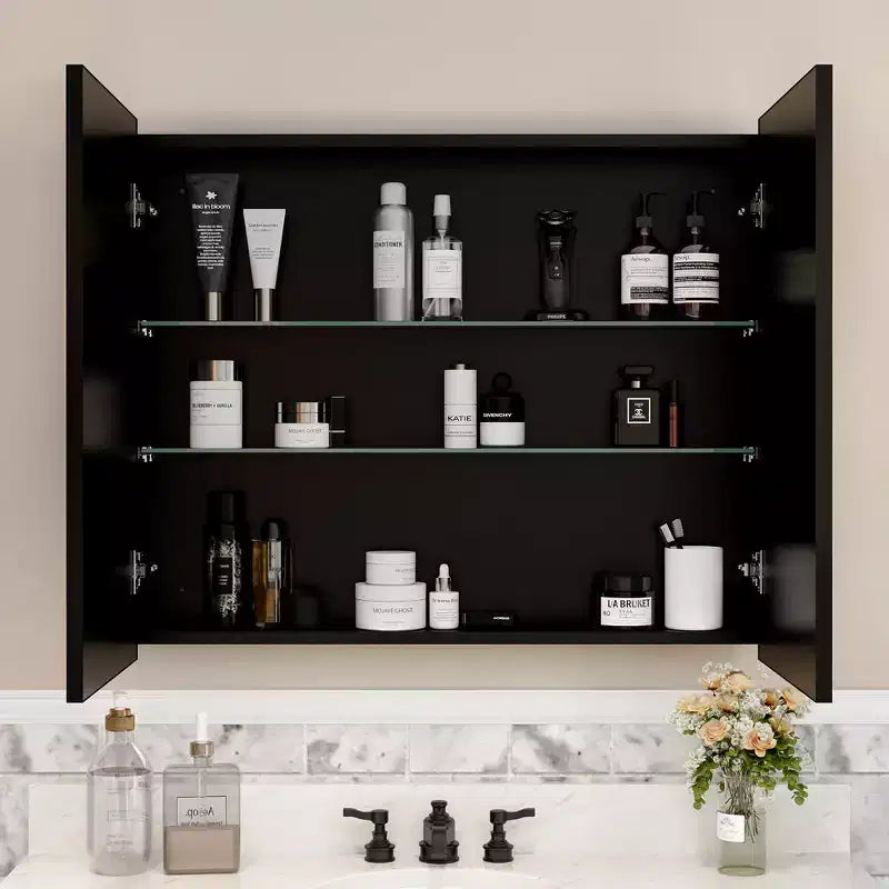 Armoire à pharmacie avec miroir, armoire de salle de bain murale ou encastrée, étagères réglables en verre trempé, réversible