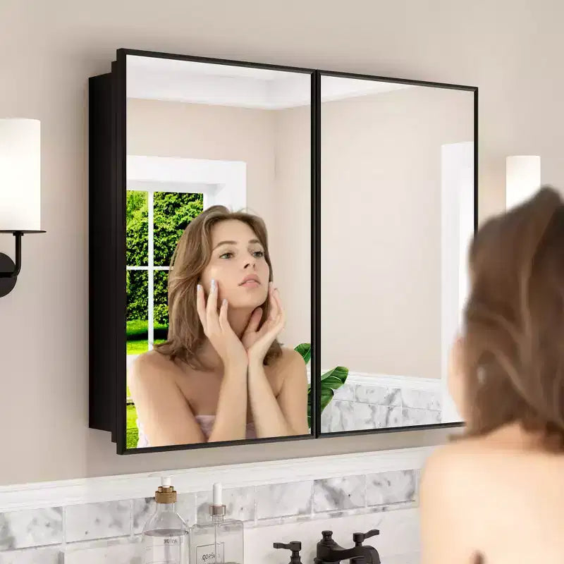 Armoire à pharmacie avec miroir, armoire de salle de bain murale ou encastrée, étagères réglables en verre trempé, réversible