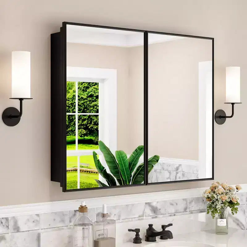 Armoire à pharmacie avec miroir, armoire de salle de bain murale ou encastrée, étagères réglables en verre trempé, réversible