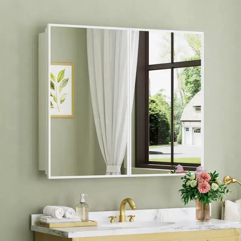 Armoire à pharmacie avec miroir, armoire de salle de bain murale ou encastrée, étagères réglables en verre trempé, réversible