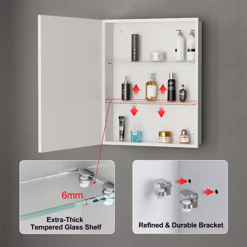 Armoire à pharmacie avec miroir, armoire de salle de bain murale ou encastrée, étagères réglables en verre trempé, réversible