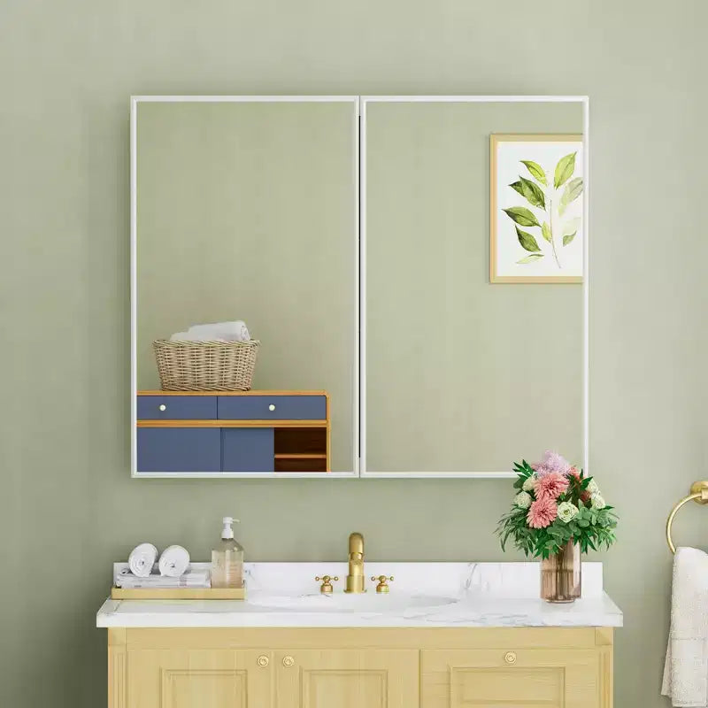 Armoire à pharmacie avec miroir, armoire de salle de bain murale ou encastrée, étagères réglables en verre trempé, réversible