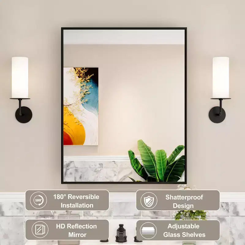 Armoire à pharmacie avec miroir, armoire de salle de bain murale ou encastrée, étagères réglables en verre trempé, réversible