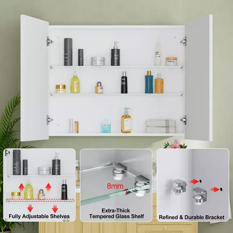 Armoire à pharmacie avec miroir, armoire de salle de bain murale ou encastrée, étagères réglables en verre trempé, réversible