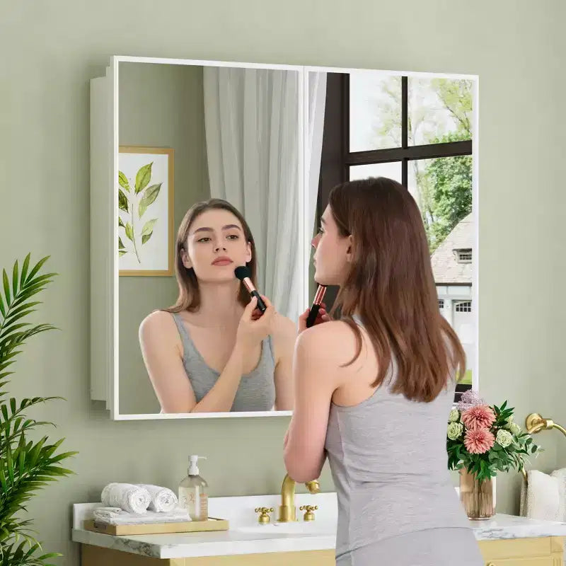 Armoire à pharmacie avec miroir, armoire de salle de bain murale ou encastrée, étagères réglables en verre trempé, réversible