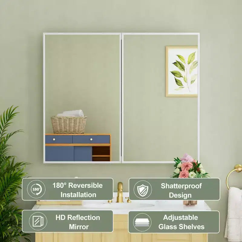 Armoire à pharmacie avec miroir, armoire de salle de bain murale ou encastrée, étagères réglables en verre trempé, réversible
