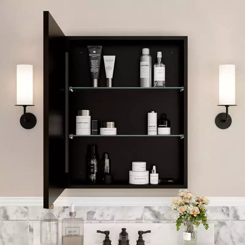 Armoire à pharmacie avec miroir, armoire de salle de bain murale ou encastrée, étagères réglables en verre trempé, réversible