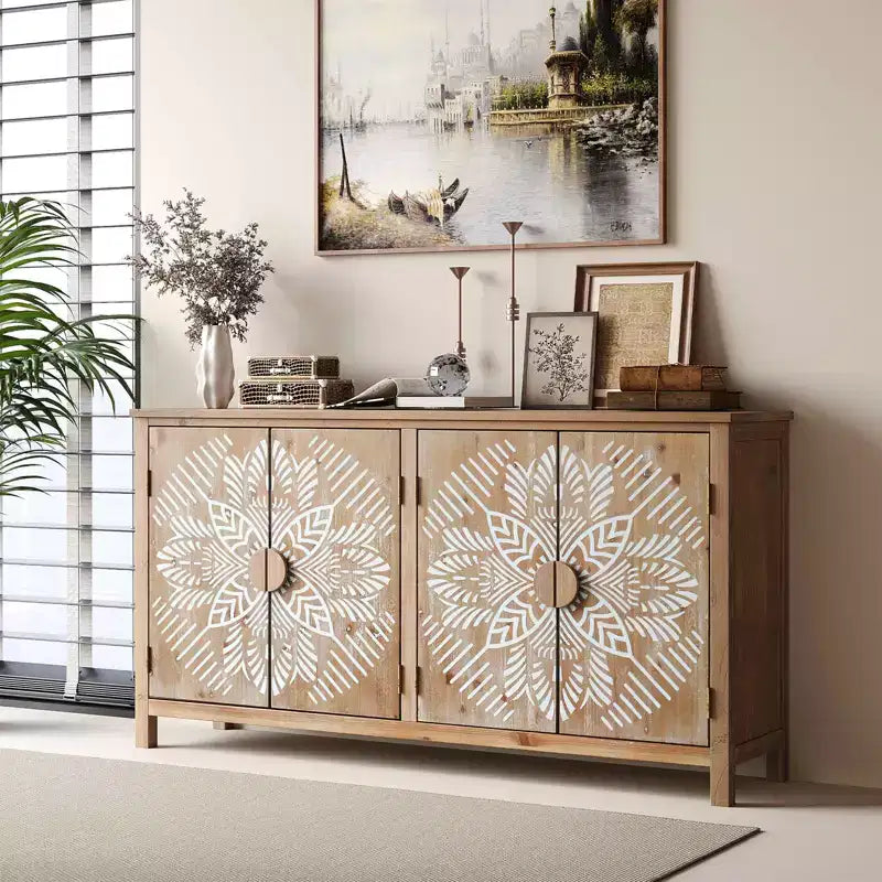 Meuble d'appoint en bois de 152 cm avec 4 portes marron et blanc antique, armoire de rangement moderne pour salon ou chambre à coucher