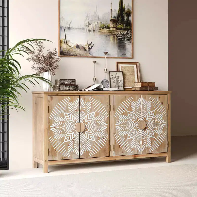 Meuble d'appoint en bois de 152 cm avec 4 portes marron et blanc antique, armoire de rangement moderne pour salon ou chambre à coucher