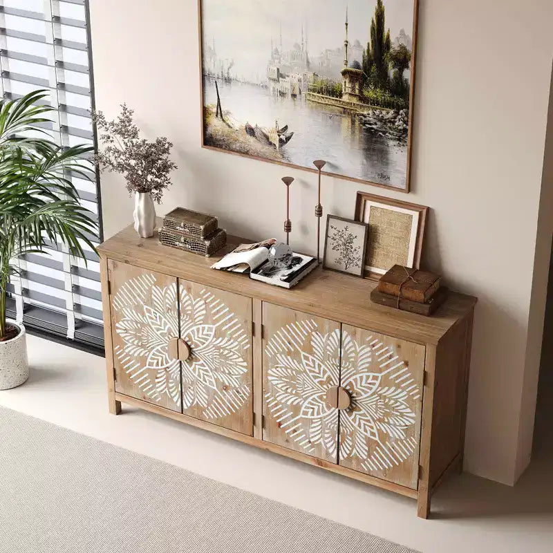 Meuble d'appoint en bois de 152 cm avec 4 portes marron et blanc antique, armoire de rangement moderne pour salon ou chambre à coucher