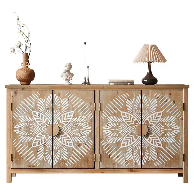 Meuble d'appoint en bois de 152 cm avec 4 portes marron et blanc antique, armoire de rangement moderne pour salon ou chambre à coucher