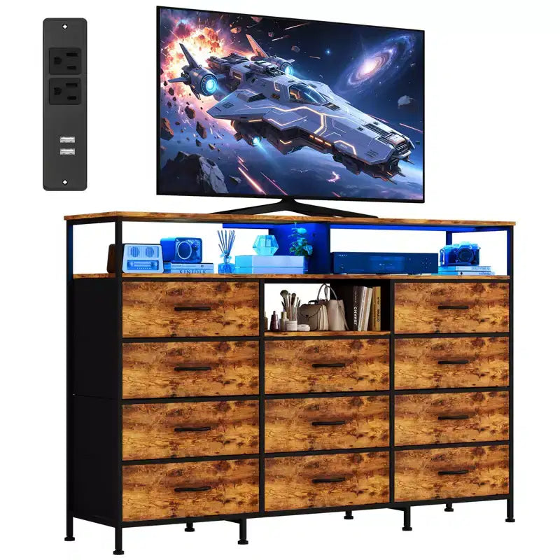 Meuble TV de 55 pouces avec commode en tissu, 11 tiroirs et étagères ouvertes, organisateur de rangement pour chambre et salon