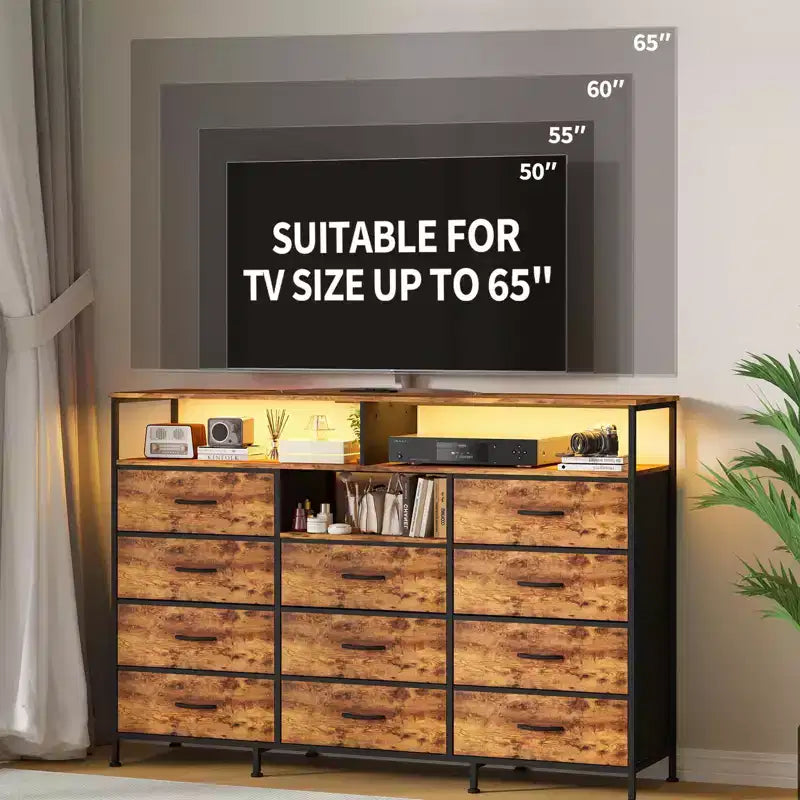 Meuble TV de 55 pouces avec commode en tissu, 11 tiroirs et étagères ouvertes, organisateur de rangement pour chambre et salon
