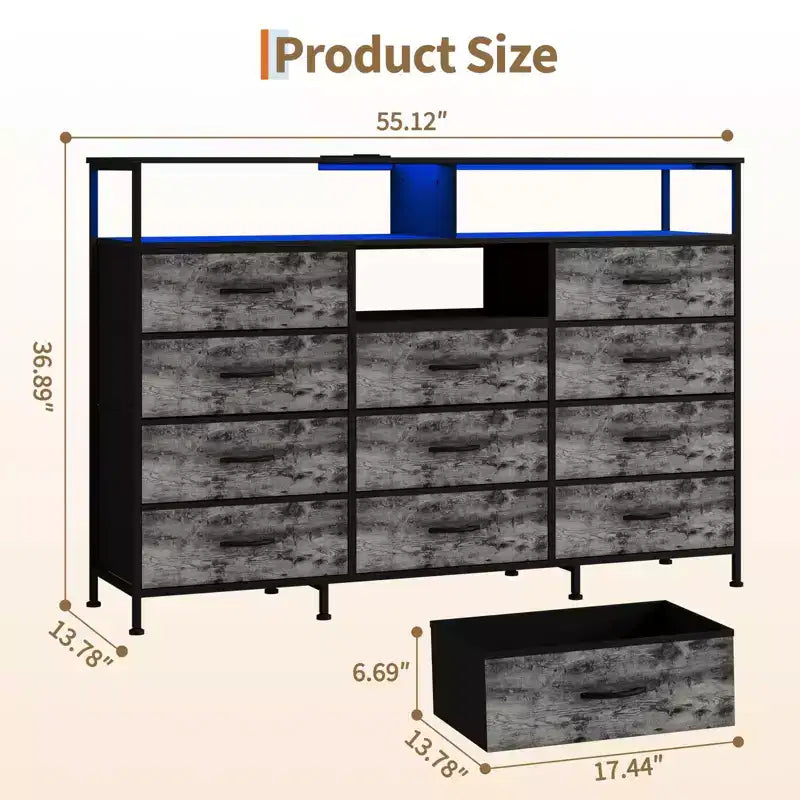 Meuble TV de 55 pouces avec commode en tissu, 11 tiroirs et étagères ouvertes, organisateur de rangement pour chambre et salon
