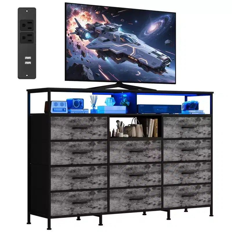 Meuble TV de 55 pouces avec commode en tissu, 11 tiroirs et étagères ouvertes, organisateur de rangement pour chambre et salon