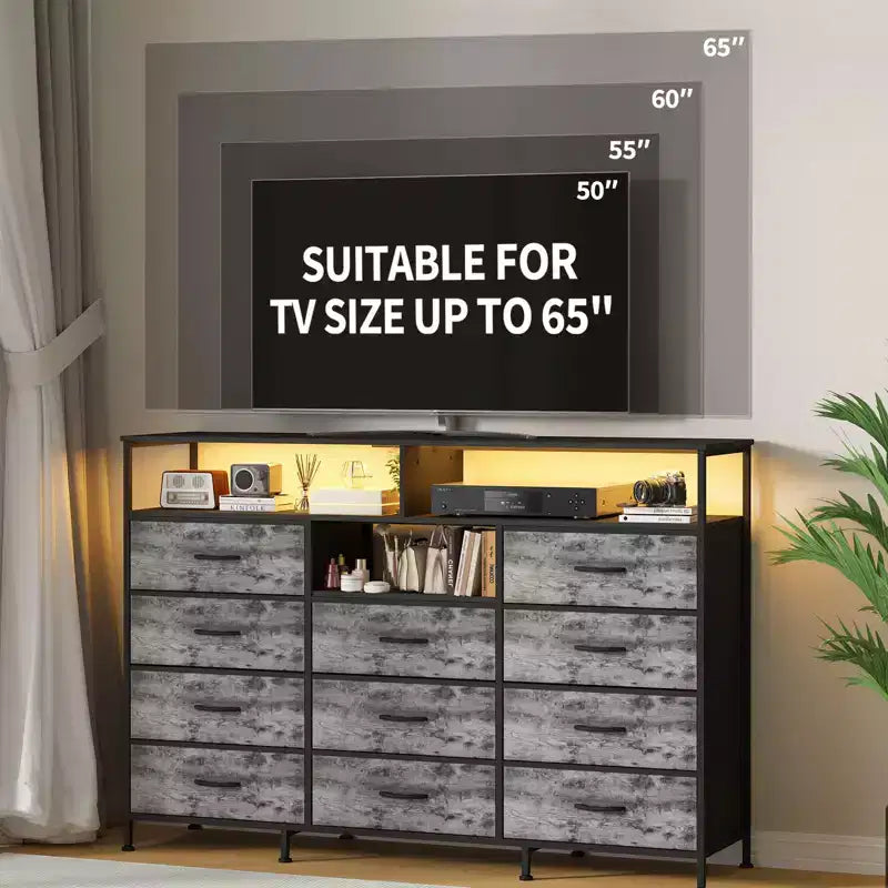 Meuble TV de 55 pouces avec commode en tissu, 11 tiroirs et étagères ouvertes, organisateur de rangement pour chambre et salon