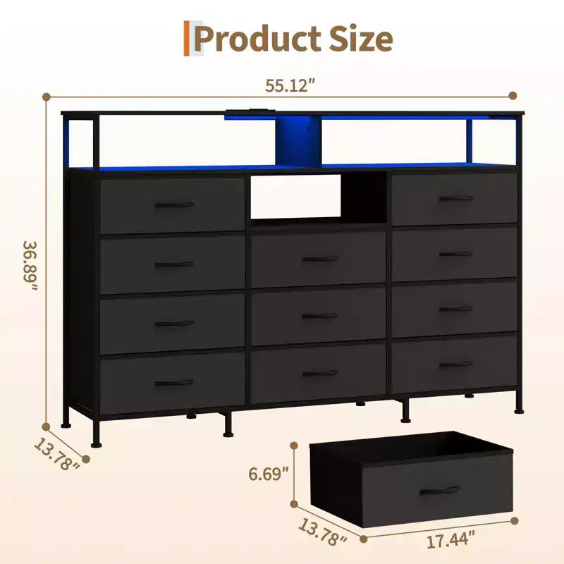 Meuble TV de 55 pouces avec commode en tissu, 11 tiroirs et étagères ouvertes, organisateur de rangement pour chambre et salon