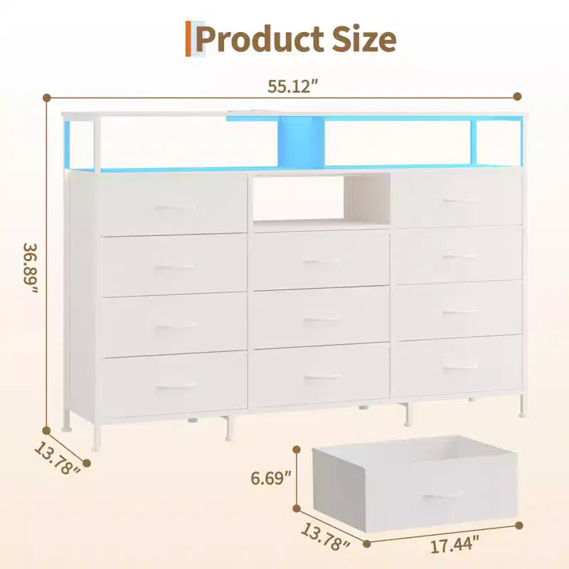 Meuble TV de 55 pouces avec commode en tissu, 11 tiroirs et étagères ouvertes, organisateur de rangement pour chambre et salon
