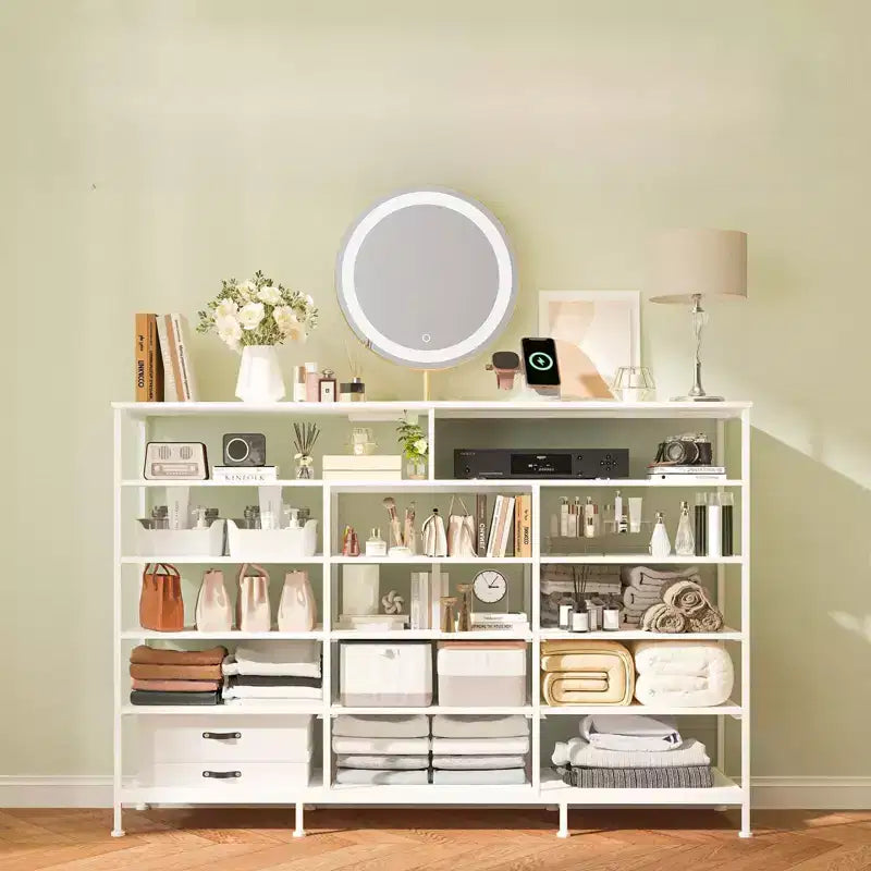 Meuble TV de 55 pouces avec commode en tissu, 11 tiroirs et étagères ouvertes, organisateur de rangement pour chambre et salon