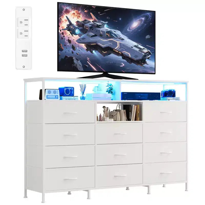 Meuble TV de 55 pouces avec commode en tissu, 11 tiroirs et étagères ouvertes, organisateur de rangement pour chambre et salon