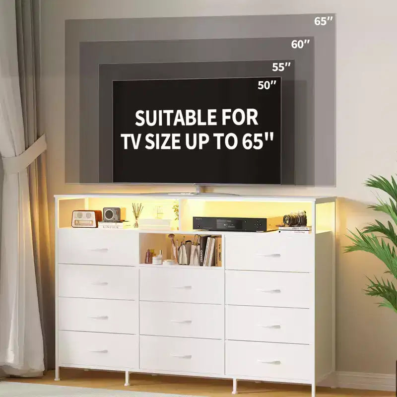 Meuble TV de 55 pouces avec commode en tissu, 11 tiroirs et étagères ouvertes, organisateur de rangement pour chambre et salon