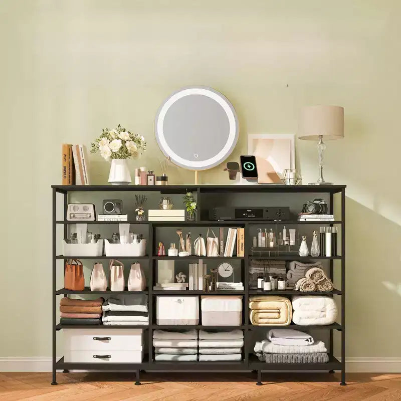 Meuble TV de 55 pouces avec commode en tissu, 11 tiroirs et étagères ouvertes, organisateur de rangement pour chambre et salon