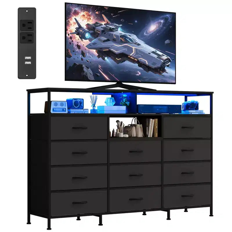 Meuble TV de 55 pouces avec commode en tissu, 11 tiroirs et étagères ouvertes, organisateur de rangement pour chambre et salon