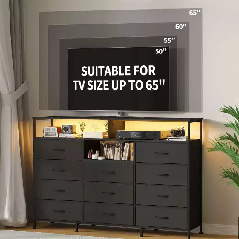 Meuble TV de 55 pouces avec commode en tissu, 11 tiroirs et étagères ouvertes, organisateur de rangement pour chambre et salon